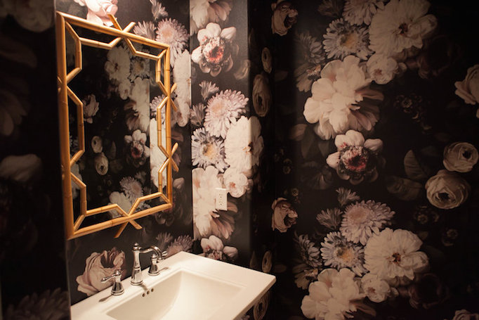 before and after dark floral wallpaper powder room becki owens