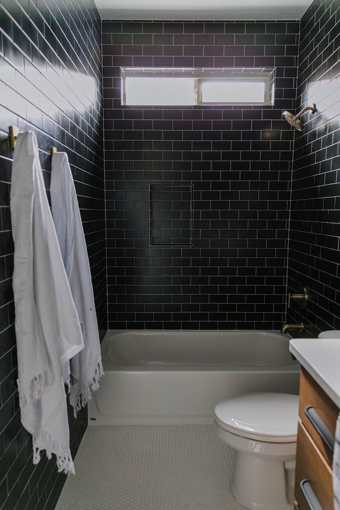Modern Black Tile Bathroom, Black Penny Tile Bathroom